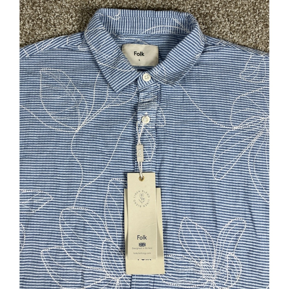 Folk Bando Button Shirt Mens Large Linen Blend Blue Floral Embroidered Camp New